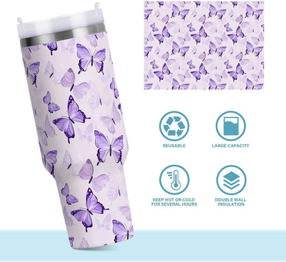 Pink Rose Floral Roses 30 oz Tumbler with Handle and Straw Lid, Insulated Stainless Steel Water Bottle Portable Travel Coffee Tea Mug Cup