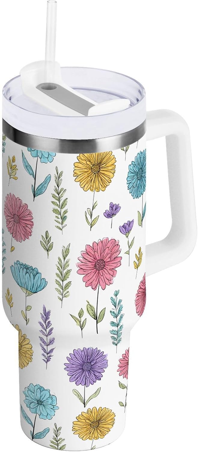 Pink Rose Floral Roses 30 oz Tumbler with Handle and Straw Lid, Insulated Stainless Steel Water Bottle Portable Travel Coffee Tea Mug Cup