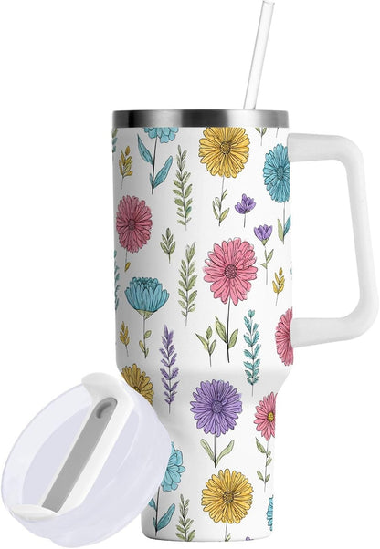 Pink Rose Floral Roses 30 oz Tumbler with Handle and Straw Lid, Insulated Stainless Steel Water Bottle Portable Travel Coffee Tea Mug Cup