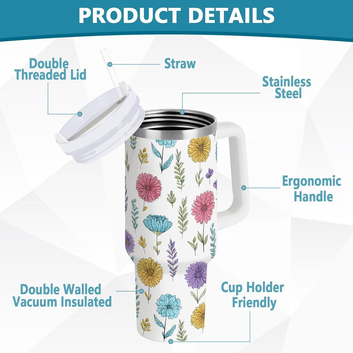 Pink Rose Floral Roses 30 oz Tumbler with Handle and Straw Lid, Insulated Stainless Steel Water Bottle Portable Travel Coffee Tea Mug Cup