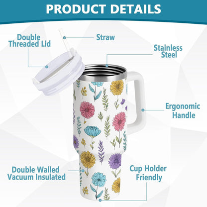 Pink Rose Floral Roses 30 oz Tumbler with Handle and Straw Lid, Insulated Stainless Steel Water Bottle Portable Travel Coffee Tea Mug Cup