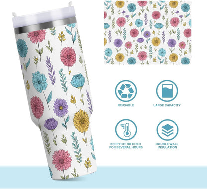 Pink Rose Floral Roses 30 oz Tumbler with Handle and Straw Lid, Insulated Stainless Steel Water Bottle Portable Travel Coffee Tea Mug Cup