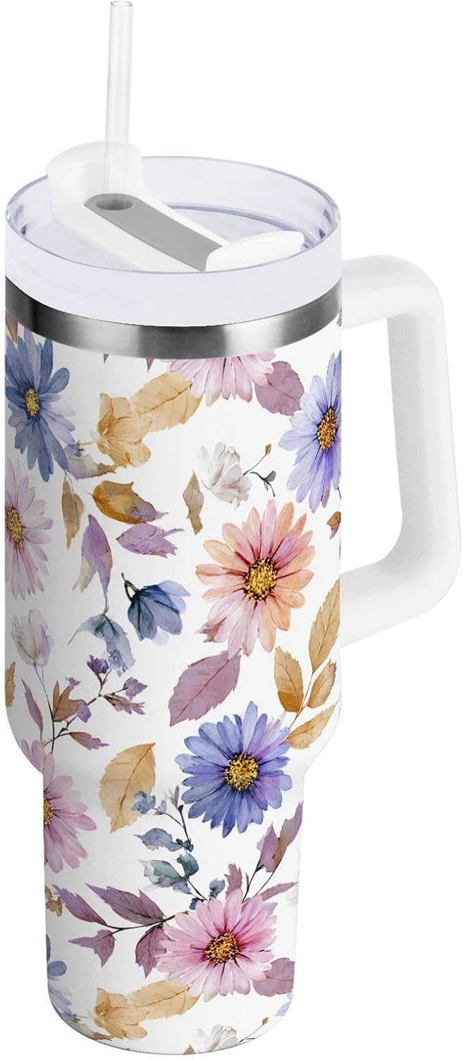 Pink Rose Floral Roses 30 oz Tumbler with Handle and Straw Lid, Insulated Stainless Steel Water Bottle Portable Travel Coffee Tea Mug Cup