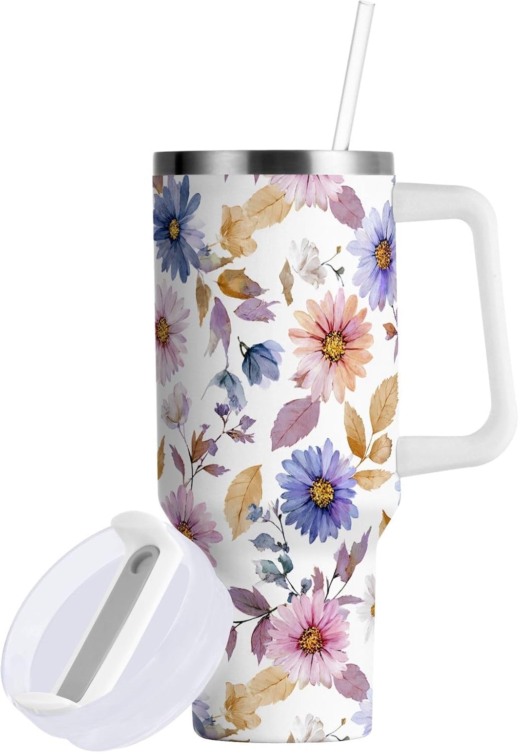 Pink Rose Floral Roses 30 oz Tumbler with Handle and Straw Lid, Insulated Stainless Steel Water Bottle Portable Travel Coffee Tea Mug Cup