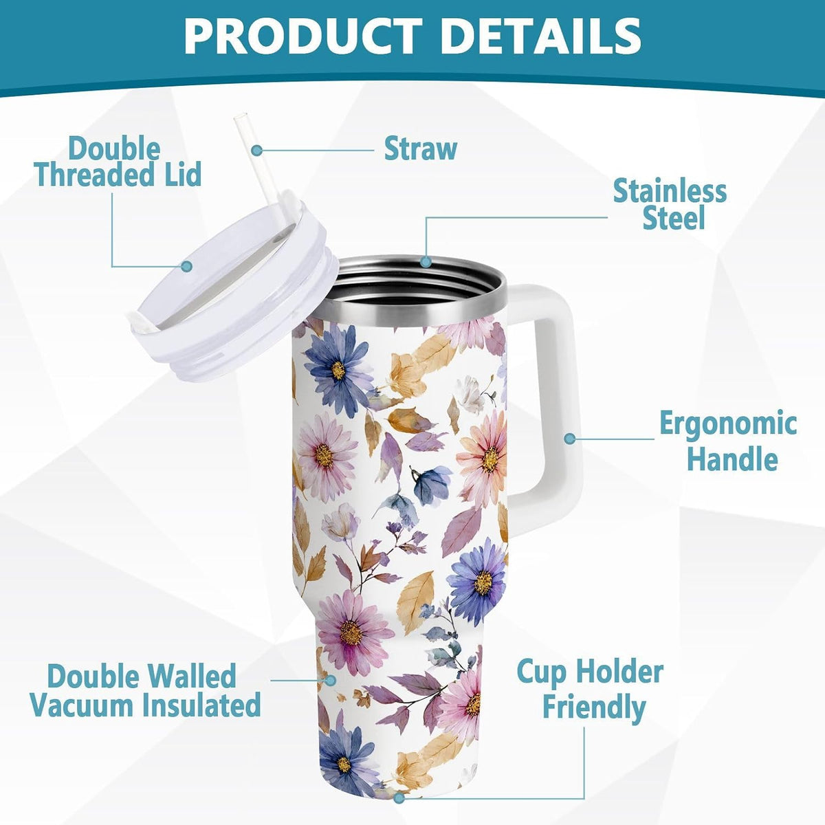 Pink Rose Floral Roses 30 oz Tumbler with Handle and Straw Lid, Insulated Stainless Steel Water Bottle Portable Travel Coffee Tea Mug Cup