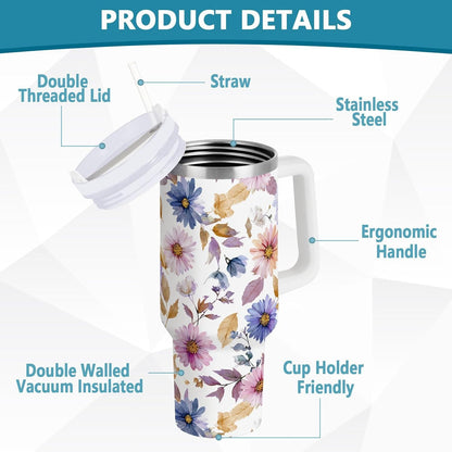Pink Rose Floral Roses 30 oz Tumbler with Handle and Straw Lid, Insulated Stainless Steel Water Bottle Portable Travel Coffee Tea Mug Cup