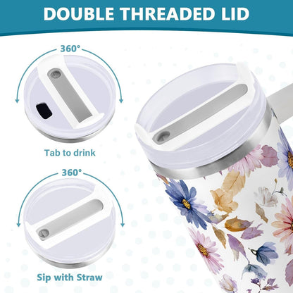 Pink Rose Floral Roses 30 oz Tumbler with Handle and Straw Lid, Insulated Stainless Steel Water Bottle Portable Travel Coffee Tea Mug Cup
