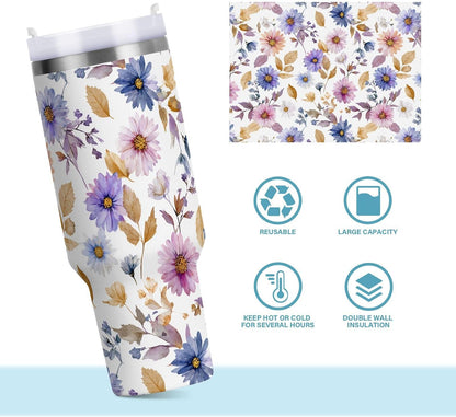 Pink Rose Floral Roses 30 oz Tumbler with Handle and Straw Lid, Insulated Stainless Steel Water Bottle Portable Travel Coffee Tea Mug Cup