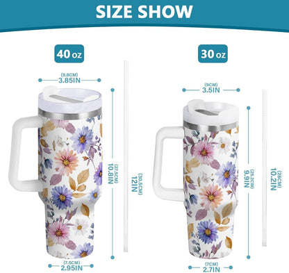 Pink Rose Floral Roses 30 oz Tumbler with Handle and Straw Lid, Insulated Stainless Steel Water Bottle Portable Travel Coffee Tea Mug Cup
