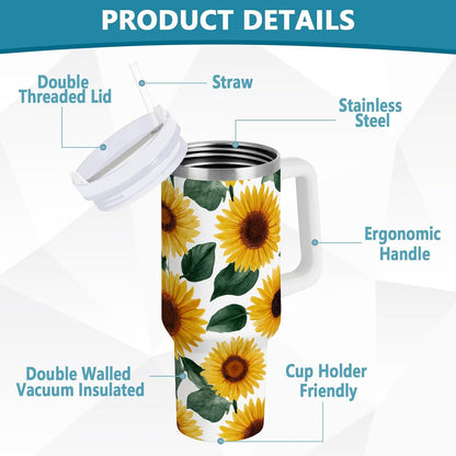 Pink Rose Floral Roses 30 oz Tumbler with Handle and Straw Lid, Insulated Stainless Steel Water Bottle Portable Travel Coffee Tea Mug Cup