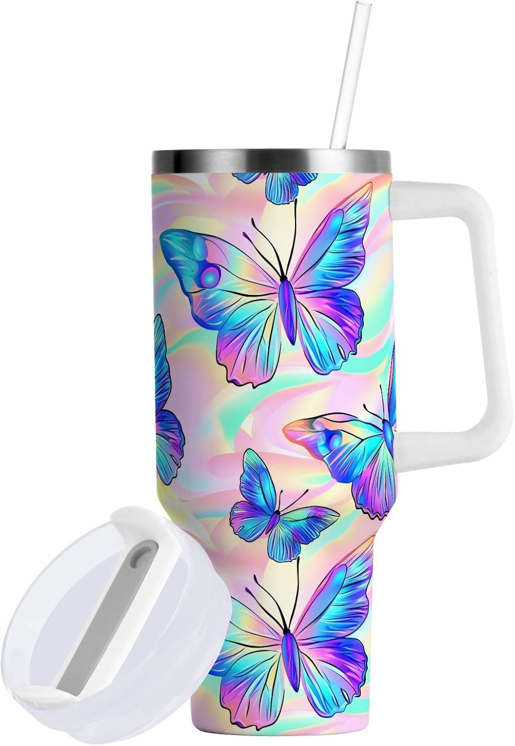 Pink Rose Floral Roses 30 oz Tumbler with Handle and Straw Lid, Insulated Stainless Steel Water Bottle Portable Travel Coffee Tea Mug Cup