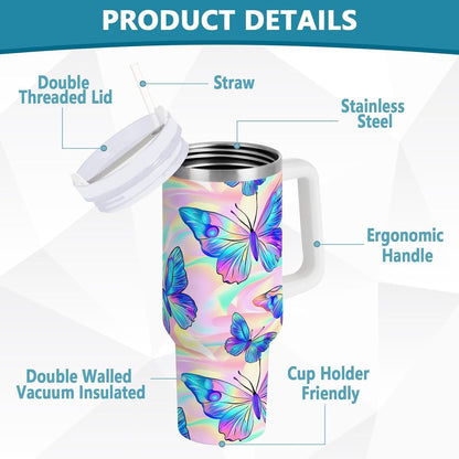Pink Rose Floral Roses 30 oz Tumbler with Handle and Straw Lid, Insulated Stainless Steel Water Bottle Portable Travel Coffee Tea Mug Cup