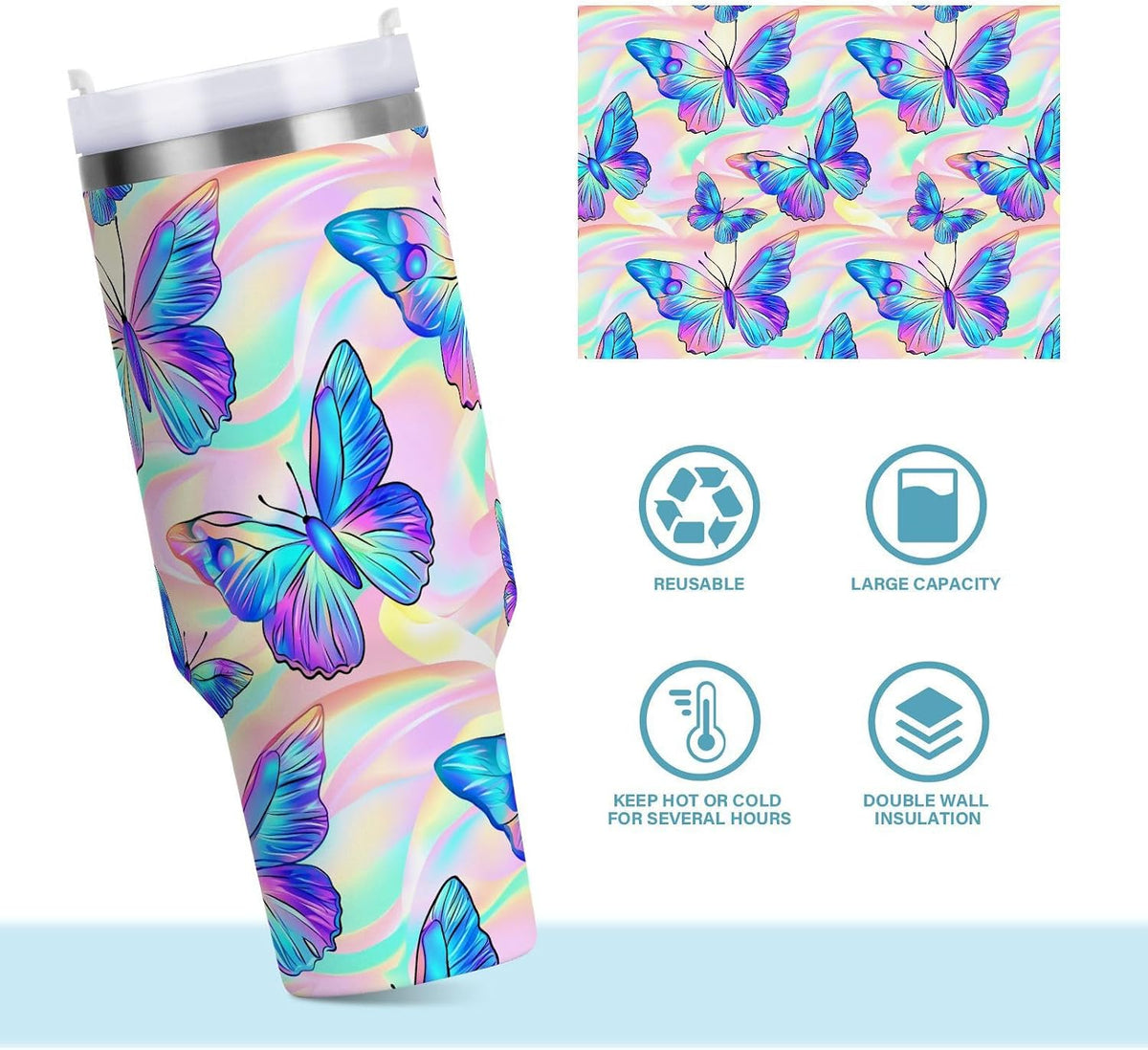 Pink Rose Floral Roses 30 oz Tumbler with Handle and Straw Lid, Insulated Stainless Steel Water Bottle Portable Travel Coffee Tea Mug Cup