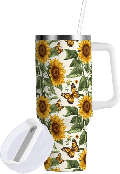Pink Rose Floral Roses 30 oz Tumbler with Handle and Straw Lid, Insulated Stainless Steel Water Bottle Portable Travel Coffee Tea Mug Cup