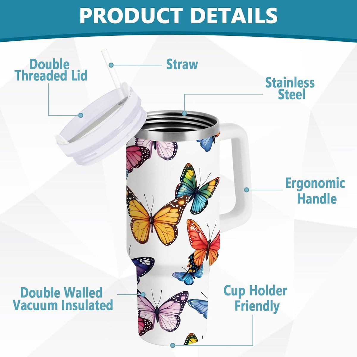 Pink Rose Floral Roses 30 oz Tumbler with Handle and Straw Lid, Insulated Stainless Steel Water Bottle Portable Travel Coffee Tea Mug Cup