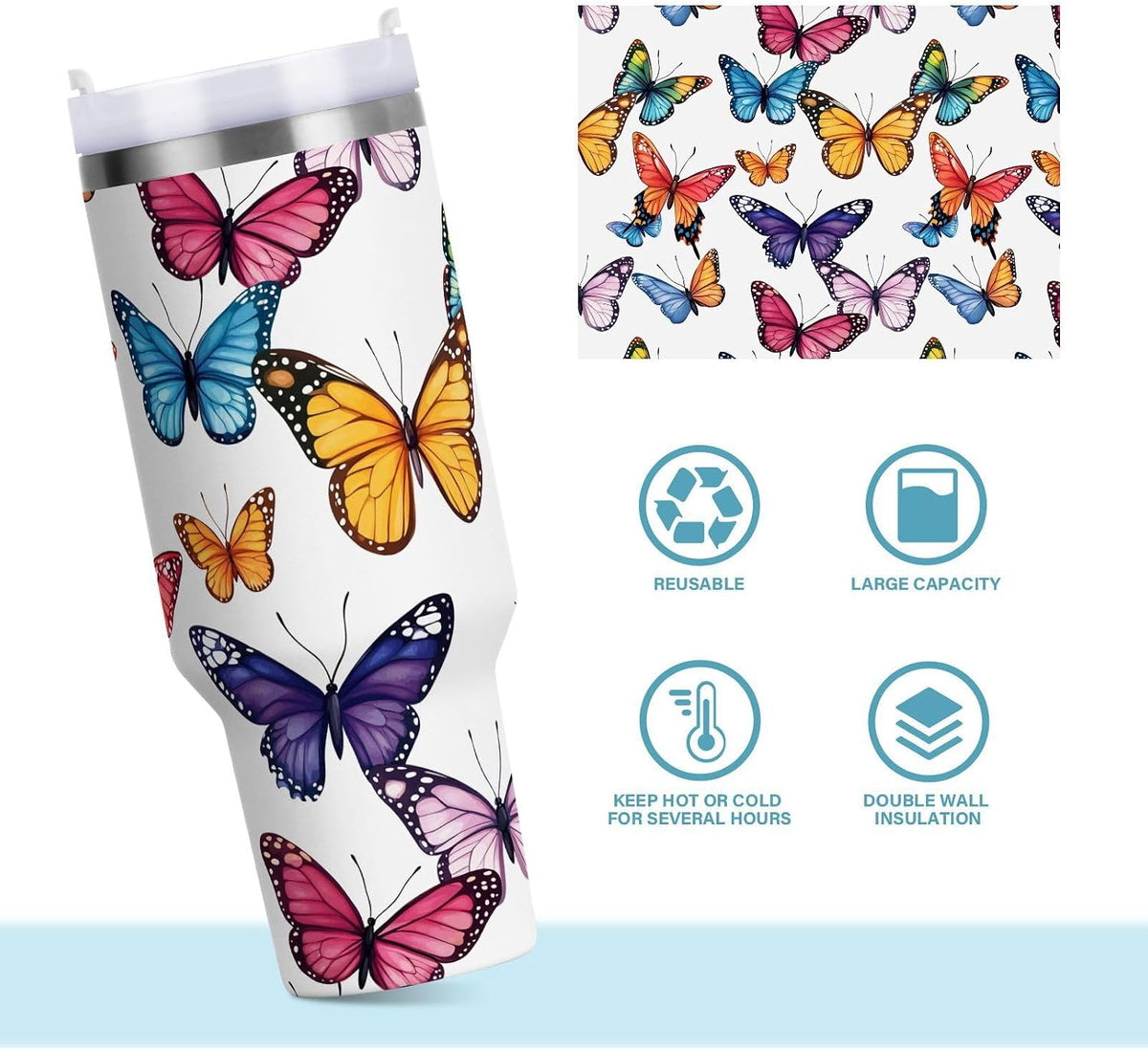 Pink Rose Floral Roses 30 oz Tumbler with Handle and Straw Lid, Insulated Stainless Steel Water Bottle Portable Travel Coffee Tea Mug Cup