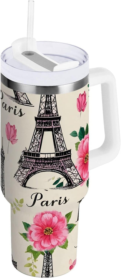 Pink Rose Floral Roses 30 oz Tumbler with Handle and Straw Lid, Insulated Stainless Steel Water Bottle Portable Travel Coffee Tea Mug Cup