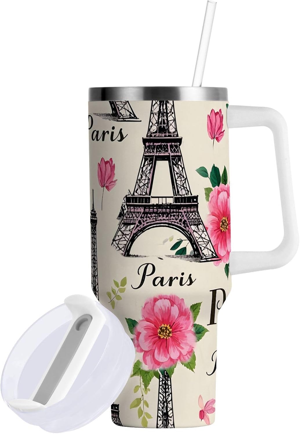 Pink Rose Floral Roses 30 oz Tumbler with Handle and Straw Lid, Insulated Stainless Steel Water Bottle Portable Travel Coffee Tea Mug Cup