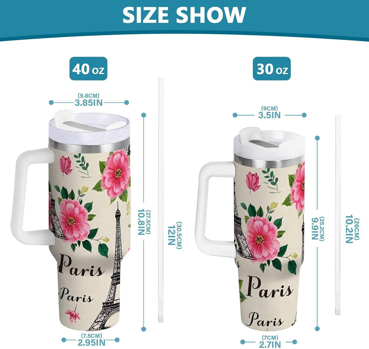 Pink Rose Floral Roses 30 oz Tumbler with Handle and Straw Lid, Insulated Stainless Steel Water Bottle Portable Travel Coffee Tea Mug Cup