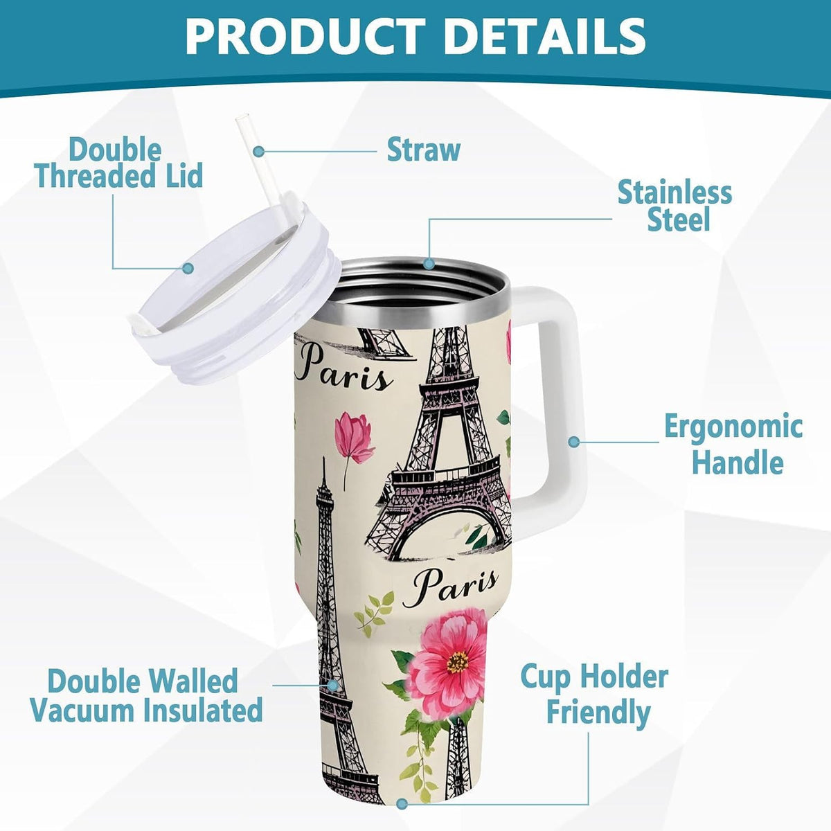 Pink Rose Floral Roses 30 oz Tumbler with Handle and Straw Lid, Insulated Stainless Steel Water Bottle Portable Travel Coffee Tea Mug Cup