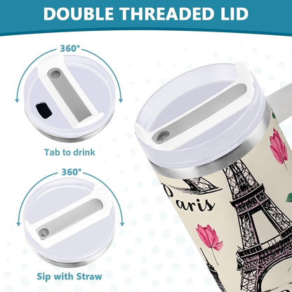Pink Rose Floral Roses 30 oz Tumbler with Handle and Straw Lid, Insulated Stainless Steel Water Bottle Portable Travel Coffee Tea Mug Cup