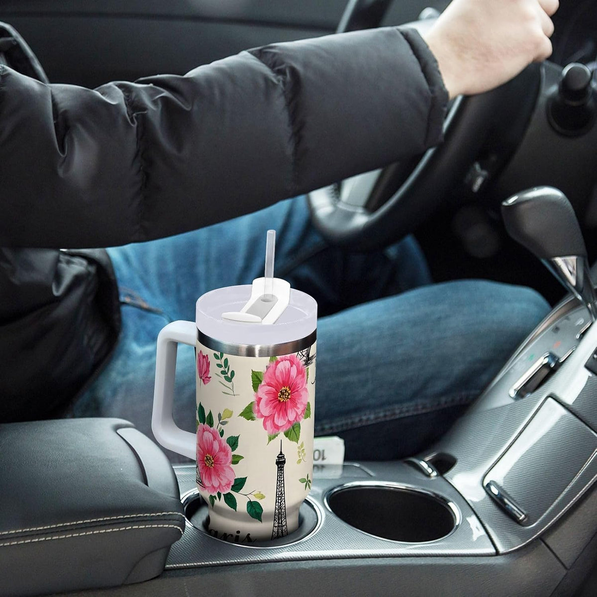 Pink Rose Floral Roses 30 oz Tumbler with Handle and Straw Lid, Insulated Stainless Steel Water Bottle Portable Travel Coffee Tea Mug Cup