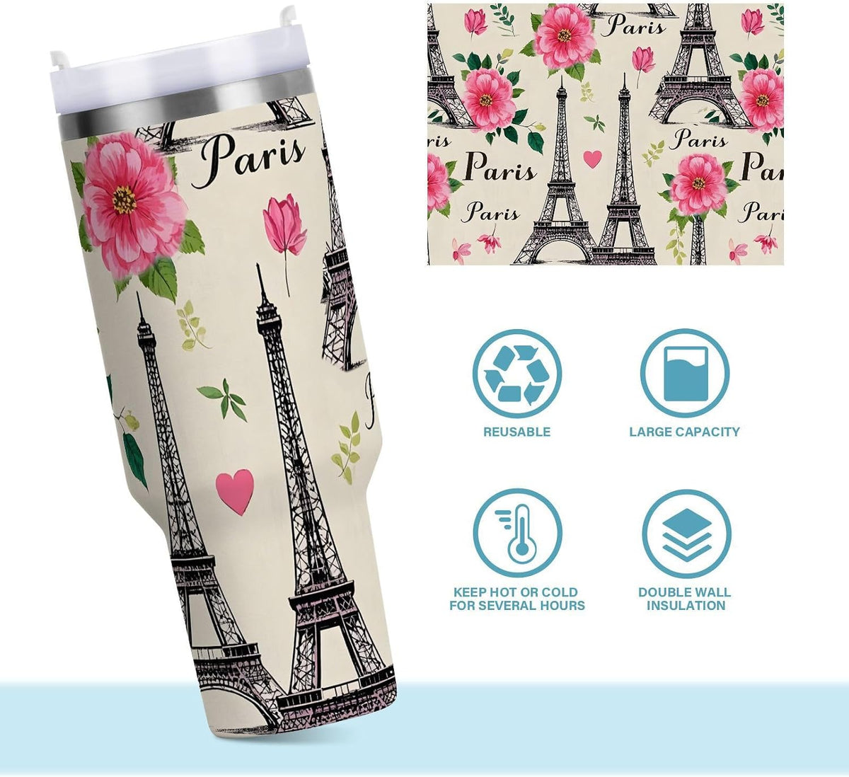 Pink Rose Floral Roses 30 oz Tumbler with Handle and Straw Lid, Insulated Stainless Steel Water Bottle Portable Travel Coffee Tea Mug Cup