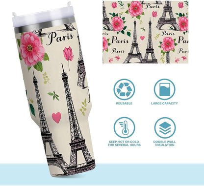 Pink Rose Floral Roses 30 oz Tumbler with Handle and Straw Lid, Insulated Stainless Steel Water Bottle Portable Travel Coffee Tea Mug Cup