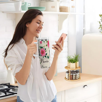 Pink Rose Floral Roses 30 oz Tumbler with Handle and Straw Lid, Insulated Stainless Steel Water Bottle Portable Travel Coffee Tea Mug Cup