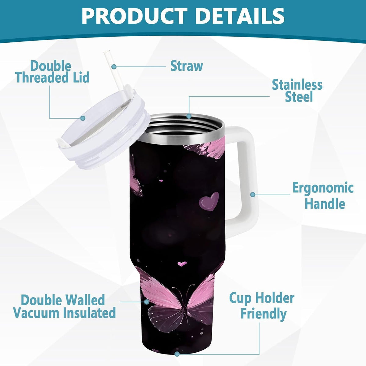 Pink Rose Floral Roses 30 oz Tumbler with Handle and Straw Lid, Insulated Stainless Steel Water Bottle Portable Travel Coffee Tea Mug Cup