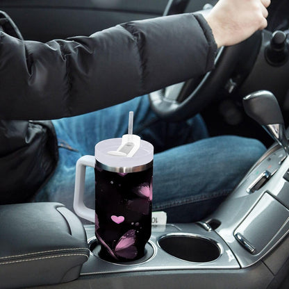 Pink Rose Floral Roses 30 oz Tumbler with Handle and Straw Lid, Insulated Stainless Steel Water Bottle Portable Travel Coffee Tea Mug Cup