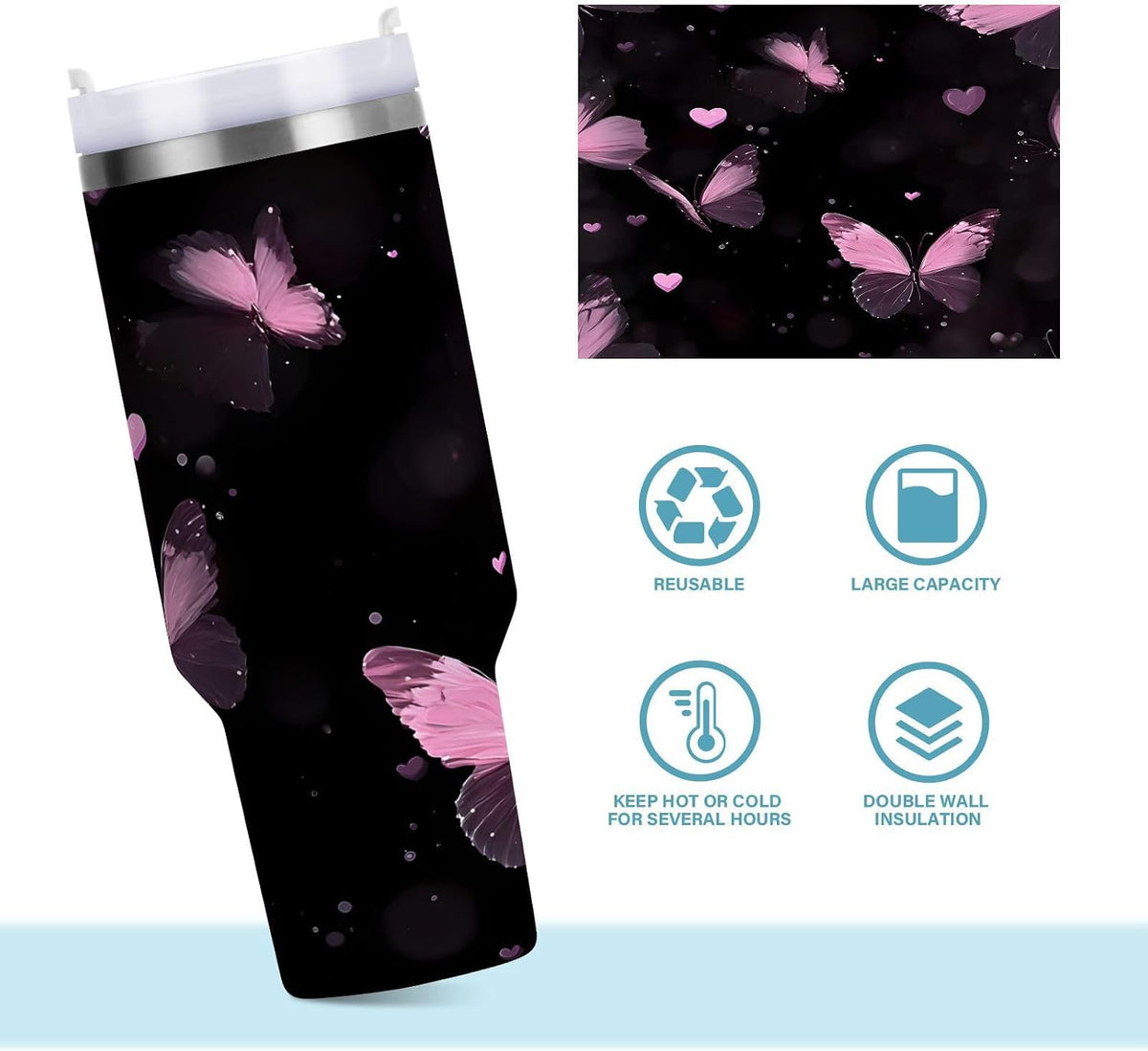 Pink Rose Floral Roses 30 oz Tumbler with Handle and Straw Lid, Insulated Stainless Steel Water Bottle Portable Travel Coffee Tea Mug Cup