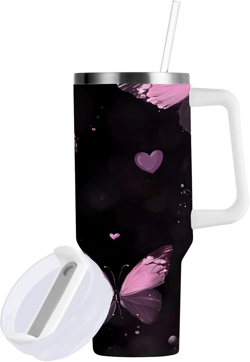 Pink Rose Floral Roses 30 oz Tumbler with Handle and Straw Lid, Insulated Stainless Steel Water Bottle Portable Travel Coffee Tea Mug Cup