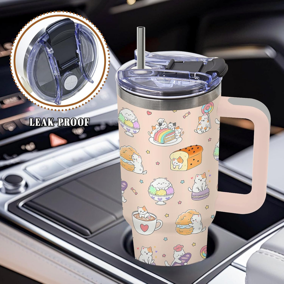 Cat Tumbler 40oz, Insulated Pink Cat Cup Gifts for Women Girls | Funny Cats Tumbler Leakproof, Cats Water Bottle for Gym Office Travel, Mothers Day Birthday Gifts for Cats Lovers, 1 Pack