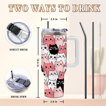 Cat Tumbler 40oz, Insulated Pink Cat Cup Gifts for Women Girls | Funny Cats Tumbler Leakproof, Cats Water Bottle for Gym Office Travel, Mothers Day Birthday Gifts for Cats Lovers, 1 Pack