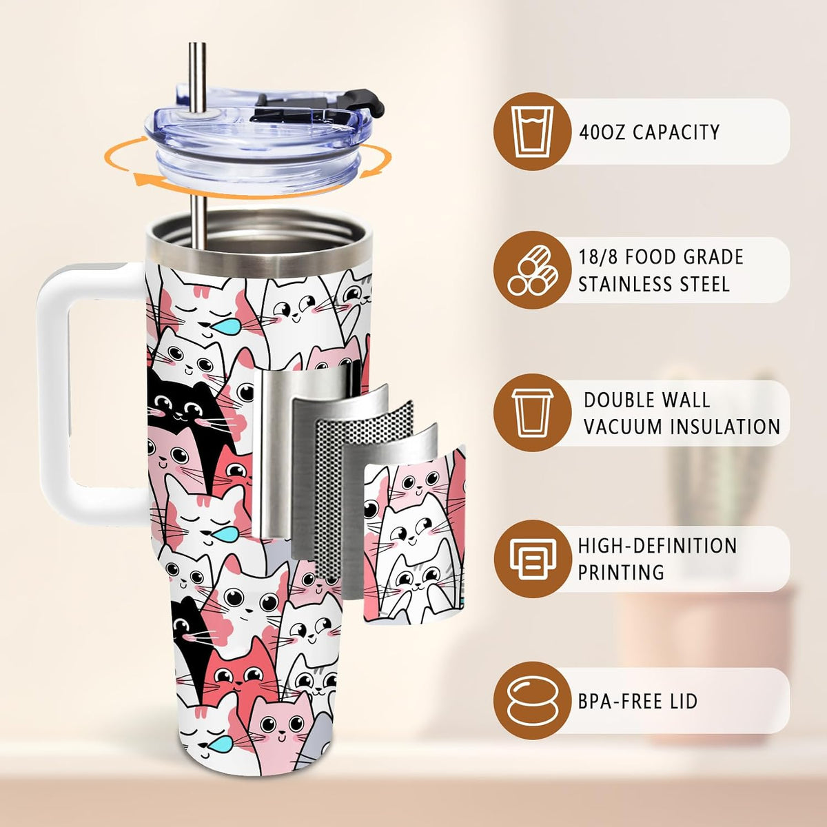 Cat Tumbler 40oz, Insulated Pink Cat Cup Gifts for Women Girls | Funny Cats Tumbler Leakproof, Cats Water Bottle for Gym Office Travel, Mothers Day Birthday Gifts for Cats Lovers, 1 Pack