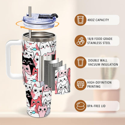 Cat Tumbler 40oz, Insulated Pink Cat Cup Gifts for Women Girls | Funny Cats Tumbler Leakproof, Cats Water Bottle for Gym Office Travel, Mothers Day Birthday Gifts for Cats Lovers, 1 Pack