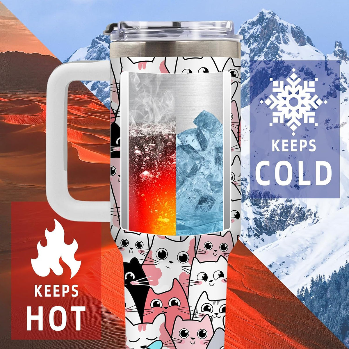 Cat Tumbler 40oz, Insulated Pink Cat Cup Gifts for Women Girls | Funny Cats Tumbler Leakproof, Cats Water Bottle for Gym Office Travel, Mothers Day Birthday Gifts for Cats Lovers, 1 Pack