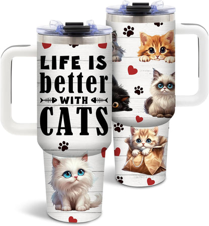 Cat Tumbler 40oz, Insulated Pink Cat Cup Gifts for Women Girls | Funny Cats Tumbler Leakproof, Cats Water Bottle for Gym Office Travel, Mothers Day Birthday Gifts for Cats Lovers, 1 Pack