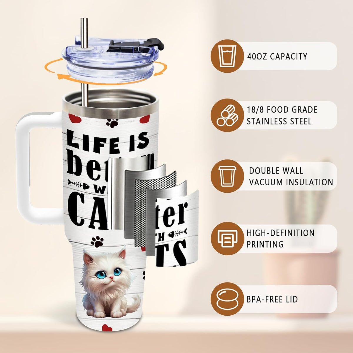 Cat Tumbler 40oz, Insulated Pink Cat Cup Gifts for Women Girls | Funny Cats Tumbler Leakproof, Cats Water Bottle for Gym Office Travel, Mothers Day Birthday Gifts for Cats Lovers, 1 Pack