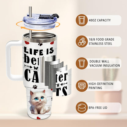 Cat Tumbler 40oz, Insulated Pink Cat Cup Gifts for Women Girls | Funny Cats Tumbler Leakproof, Cats Water Bottle for Gym Office Travel, Mothers Day Birthday Gifts for Cats Lovers, 1 Pack