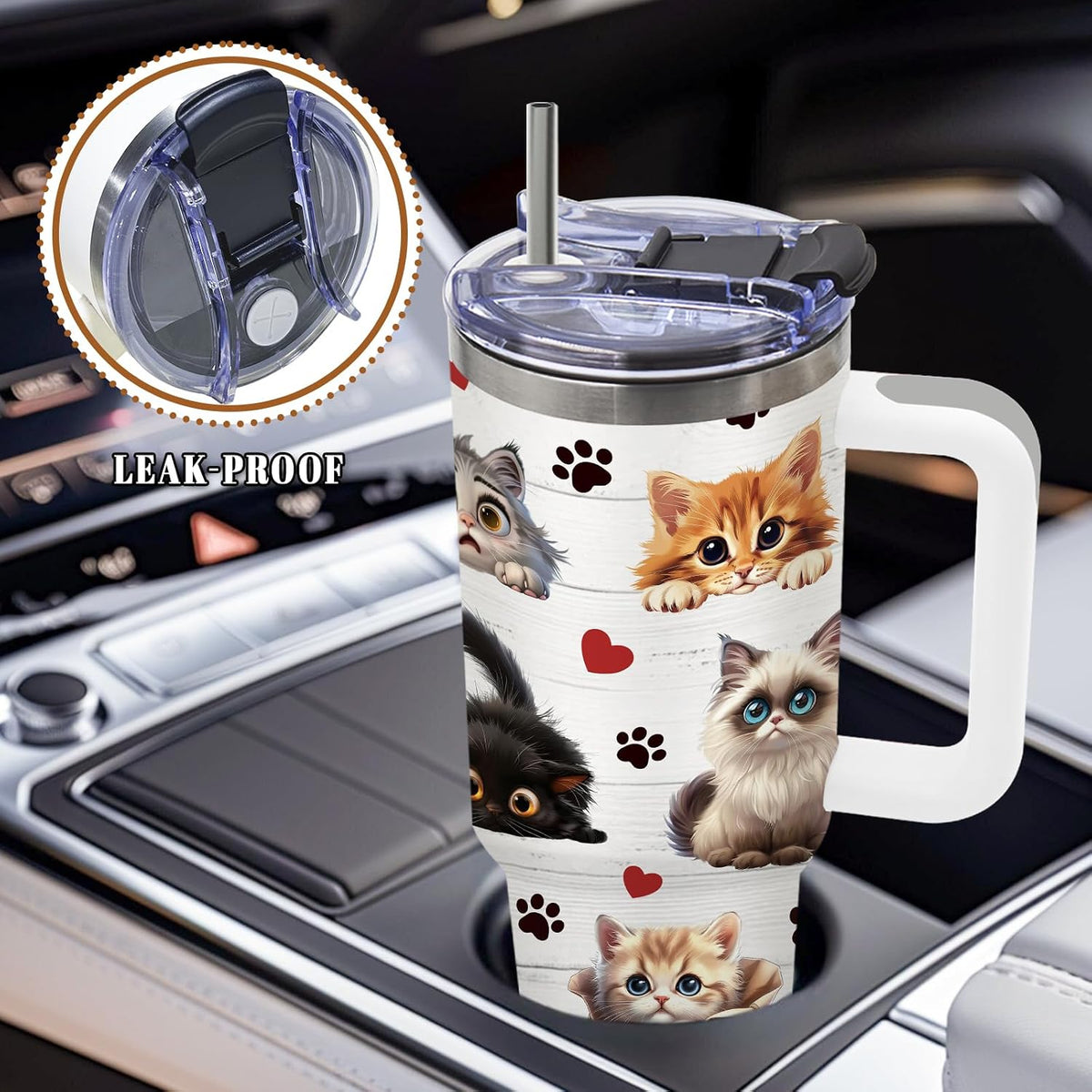 Cat Tumbler 40oz, Insulated Pink Cat Cup Gifts for Women Girls | Funny Cats Tumbler Leakproof, Cats Water Bottle for Gym Office Travel, Mothers Day Birthday Gifts for Cats Lovers, 1 Pack