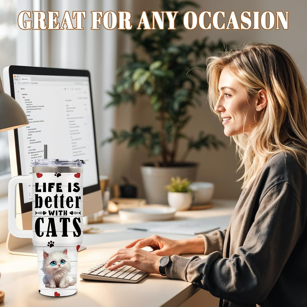 Cat Tumbler 40oz, Insulated Pink Cat Cup Gifts for Women Girls | Funny Cats Tumbler Leakproof, Cats Water Bottle for Gym Office Travel, Mothers Day Birthday Gifts for Cats Lovers, 1 Pack