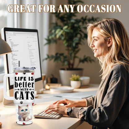 Cat Tumbler 40oz, Insulated Pink Cat Cup Gifts for Women Girls | Funny Cats Tumbler Leakproof, Cats Water Bottle for Gym Office Travel, Mothers Day Birthday Gifts for Cats Lovers, 1 Pack