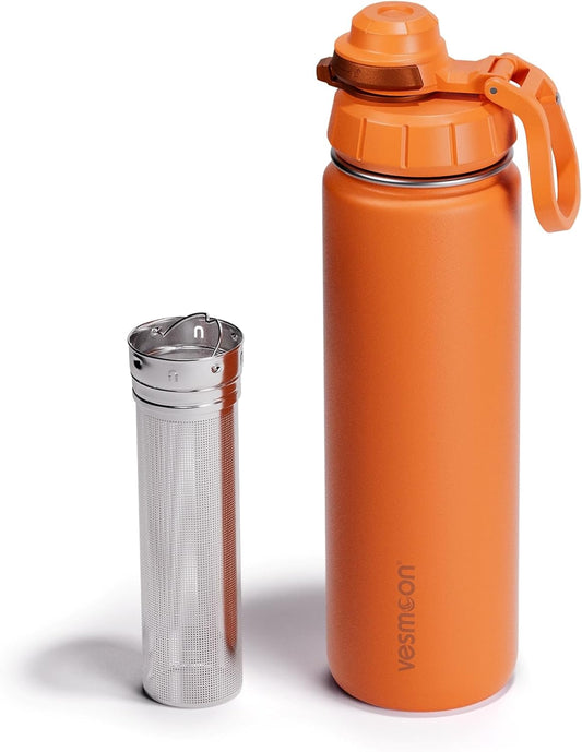 Vessence 24 Oz Stainless Steel Tea Infuser Bottle for Loose Leaf Tea, Water, Herbs, Fruits - Triple Layered Insulated, Leak Proof Bottle with Lid and Clip Handle - 24 Hours Hot/Cold