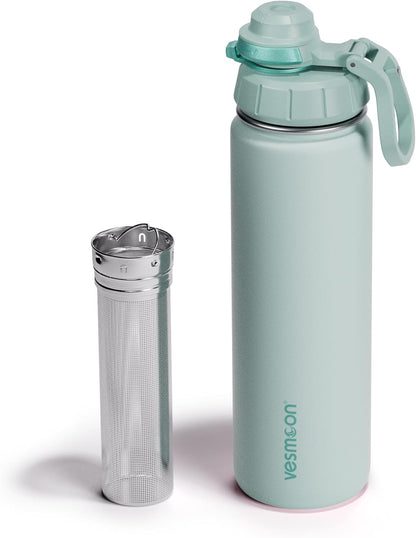 Vessence 24 Oz Stainless Steel Tea Infuser Bottle for Loose Leaf Tea, Water, Herbs, Fruits - Triple Layered Insulated, Leak Proof Bottle with Lid and Clip Handle - 24 Hours Hot/Cold