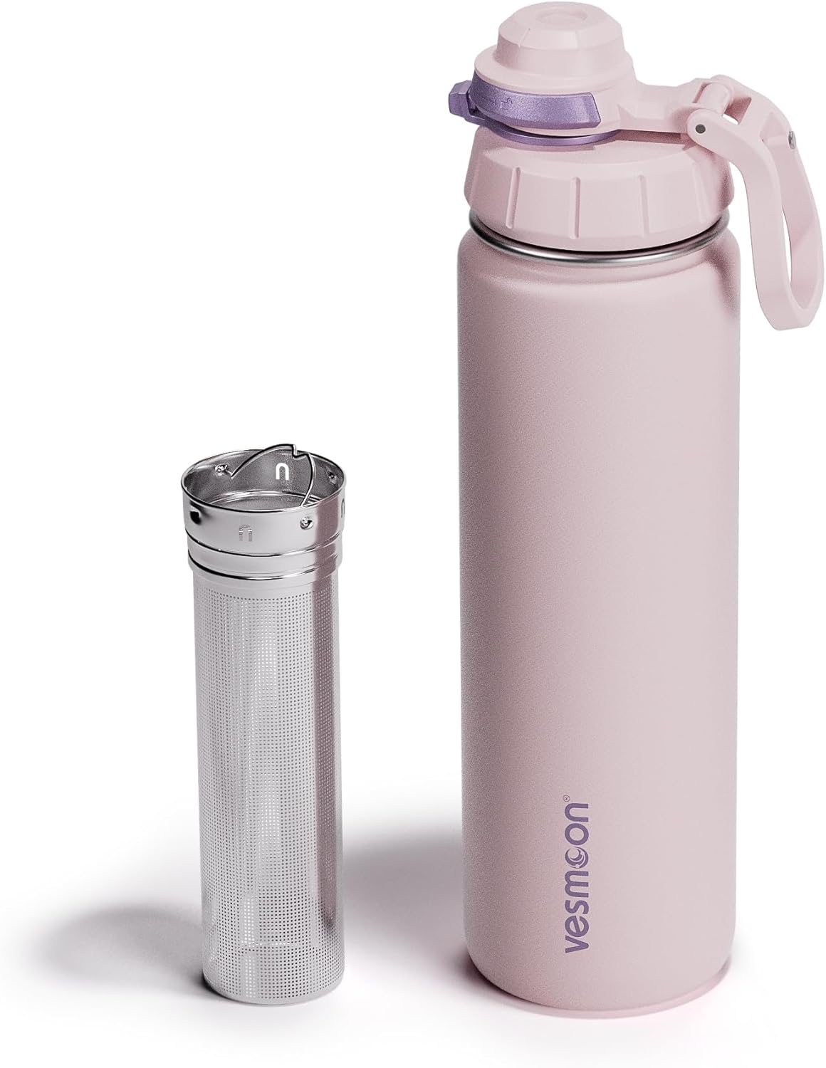 Vessence 24 Oz Stainless Steel Tea Infuser Bottle for Loose Leaf Tea, Water, Herbs, Fruits - Triple Layered Insulated, Leak Proof Bottle with Lid and Clip Handle - 24 Hours Hot/Cold