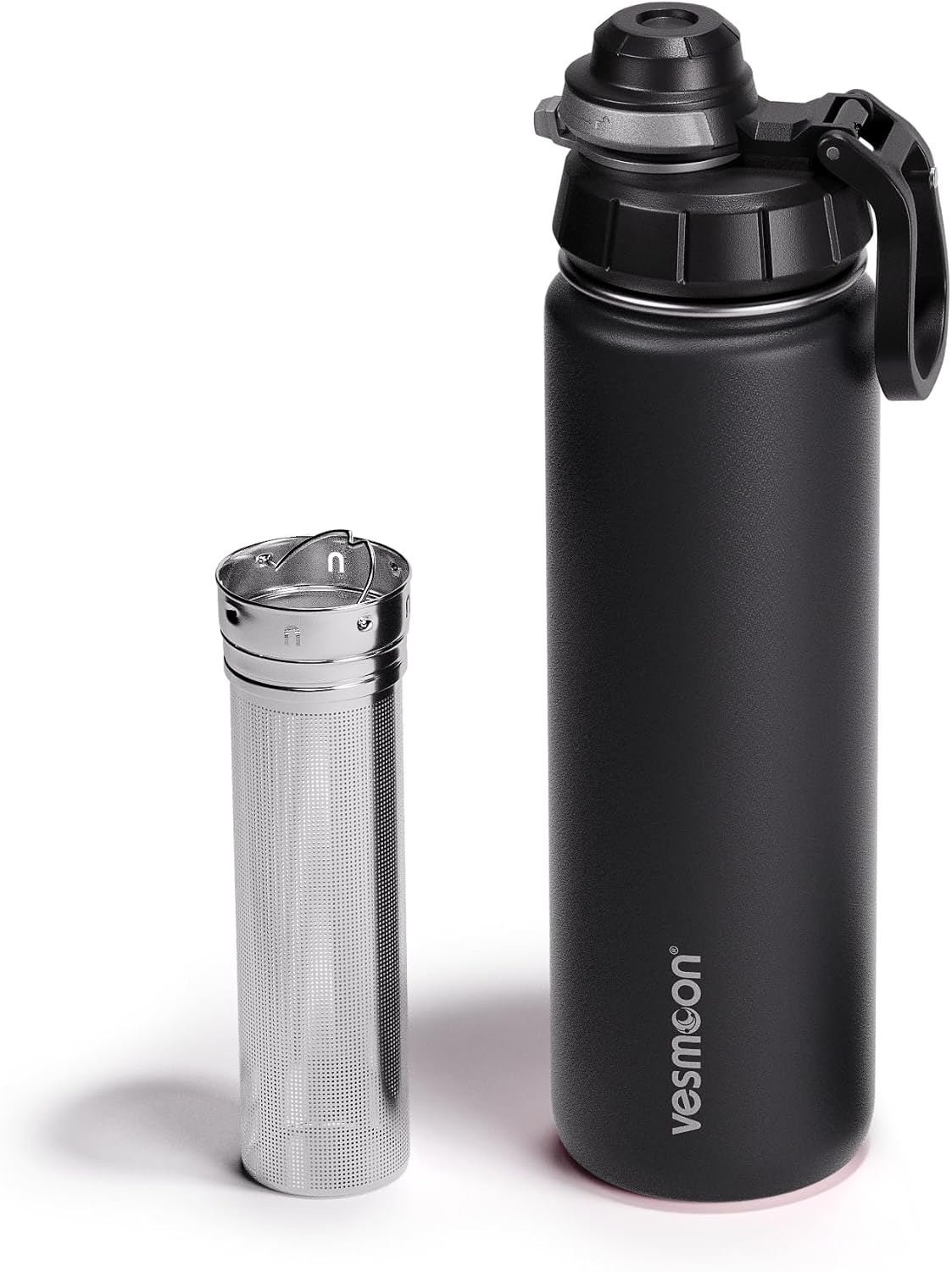 Vessence 24 Oz Stainless Steel Tea Infuser Bottle for Loose Leaf Tea, Water, Herbs, Fruits - Triple Layered Insulated, Leak Proof Bottle with Lid and Clip Handle - 24 Hours Hot/Cold