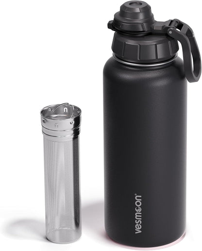 Vessence 24 Oz Stainless Steel Tea Infuser Bottle for Loose Leaf Tea, Water, Herbs, Fruits - Triple Layered Insulated, Leak Proof Bottle with Lid and Clip Handle - 24 Hours Hot/Cold