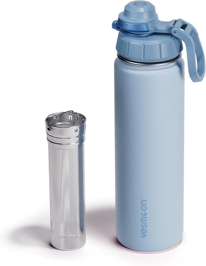 Vessence 24 Oz Stainless Steel Tea Infuser Bottle for Loose Leaf Tea, Water, Herbs, Fruits - Triple Layered Insulated, Leak Proof Bottle with Lid and Clip Handle - 24 Hours Hot/Cold